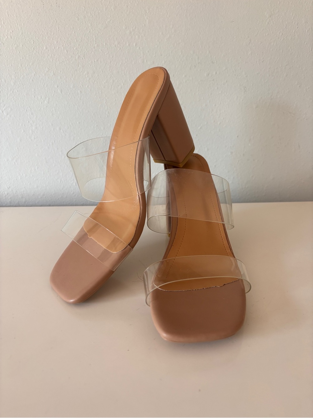 Women’s Nude Tan Block Heel Sandals with Clear Straps
